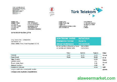 Turkey Turktelekom business utility bill template in Word and PDF formats, fully editable